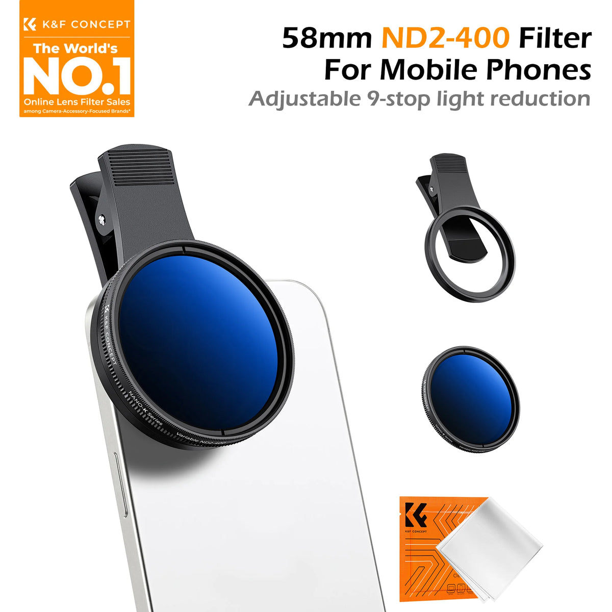 K&F CONCEPT 52mm Clip-on ND2-400 Phone Lens Filter Kit for iPhone 17 16 15 Pro Max Samsung Xiaomi 1-9 Stops Adjustable Universal