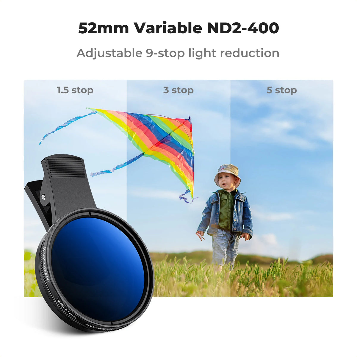 K&F CONCEPT 52mm Clip-on ND2-400 Phone Lens Filter Kit for iPhone 17 16 15 Pro Max Samsung Xiaomi 1-9 Stops Adjustable Universal