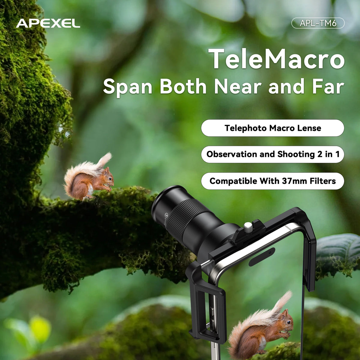 APEXEL 2 in 1 Telemacro Lens Kit 6X Telephoto Lens & 150mm Macro Lens with Universal Lens Clip for iPhone and Andriod Phones
