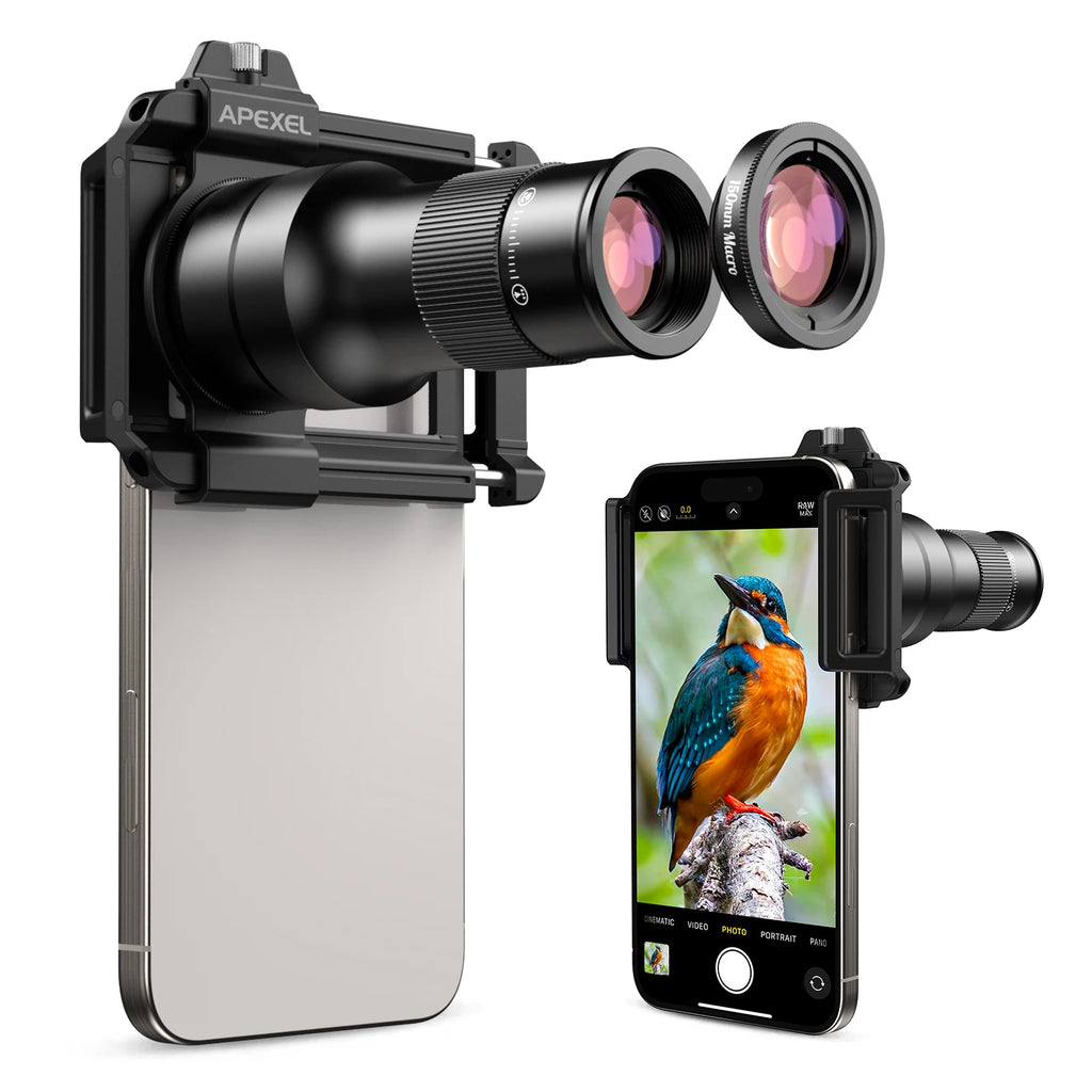APEXEL 2 in 1 Telemacro Lens Kit 6X Telephoto Lens & 150mm Macro Lens with Universal Lens Clip for iPhone and Andriod Phones