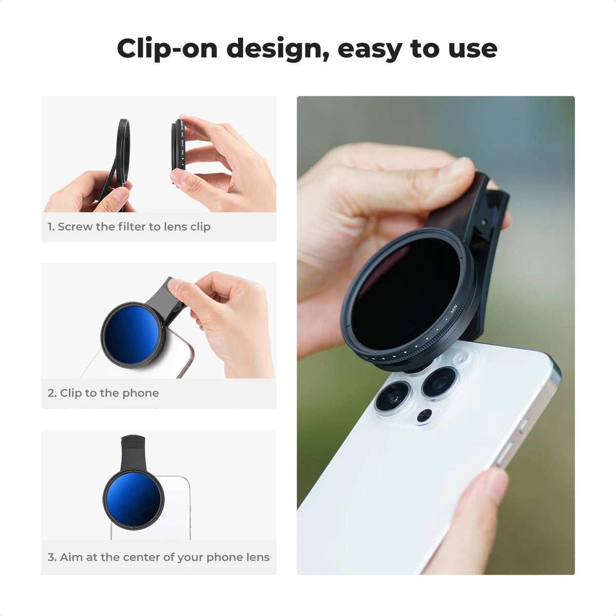 K&F CONCEPT 52mm Clip-on ND2-400 Phone Lens Filter Kit for iPhone 17 16 15 Pro Max Samsung Xiaomi 1-9 Stops Adjustable Universal